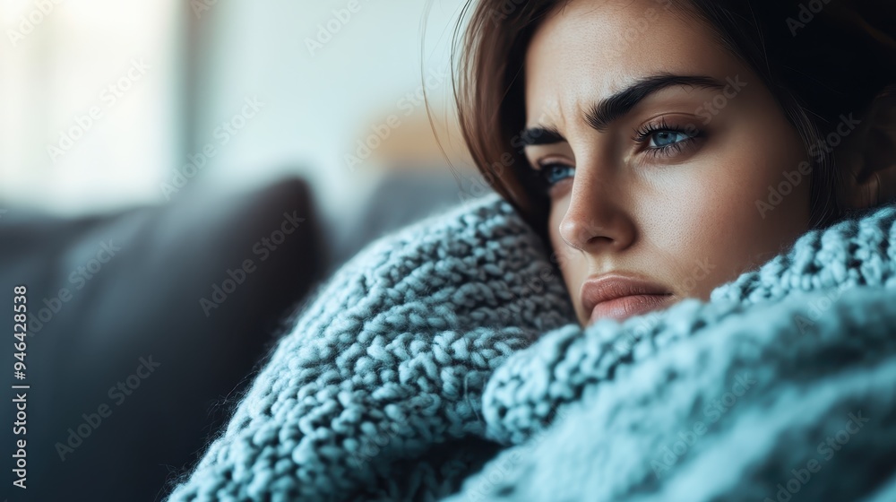A woman wrapped in a thick knitted blanket stares pensively into the distance, conveying a sense of contemplation and introspection, with soft light adding to the moody atmosphere. A woman wrapped in a thick knitted blanket stares pensively into the distance, conveying a sense of contemplation and introspection, with soft light adding to the moody atmosphere.