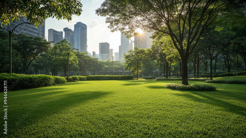 Obraz premium A green urban park with well-maintained lawns and trees, providing a refreshing contrast to surrounding city buildings and adding natural beauty to the scene.