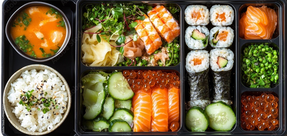 Overhead View of a Colorful Japanese Bento Box with Sushi Salad and Rice Overhead View of a Colorful Japanese Bento Box with Sushi Salad and Rice