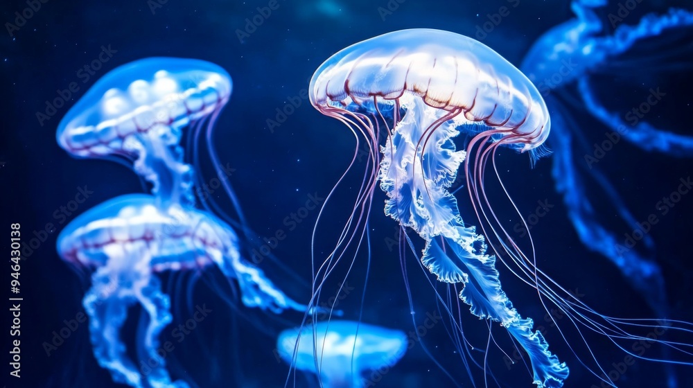 A group of jellyfish floating effortlessly in the deep blue sea, their translucent bodies glowing in the dim light. A group of jellyfish floating effortlessly in the deep blue sea, their translucent bodies glowing in the dim light.