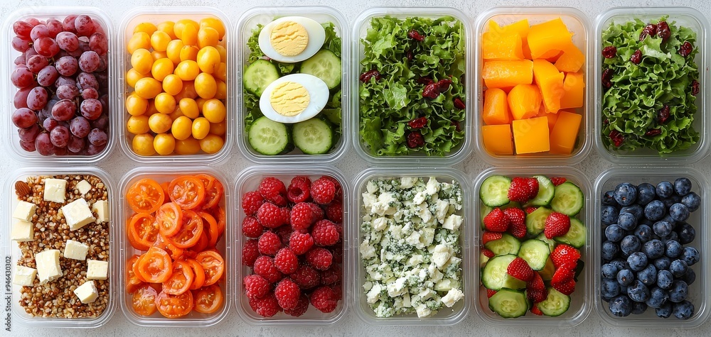 Overhead View of Colorful Food in Plastic Containers A Rainbow of Healthy Options for Meal Prep or Lunch Boxes Overhead View of Colorful Food in Plastic Containers A Rainbow of Healthy Options for Meal Prep or Lunch Boxes