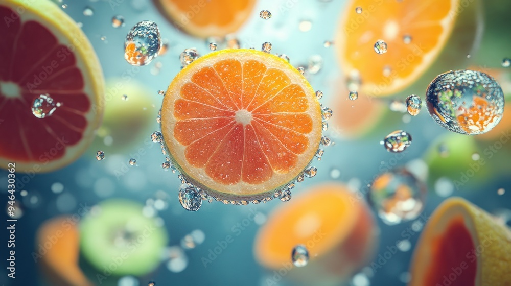 Citrus Fruit Slices Floating in Water with Water Droplets