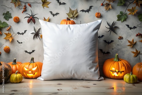 White pillow mockup set against a Halloween background with pumpkins, bats, and autumn leaves, ideal for showcasing seasonal designs, patterns, or brand logos. photo