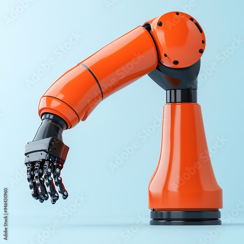 Orange robotic arm with black joints and hand isolated on blue background photo