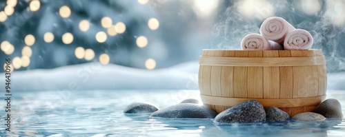 A wooden outdoor spa with a woman soaking in a flowerinfused bath, with hot stones placed around the tub photo