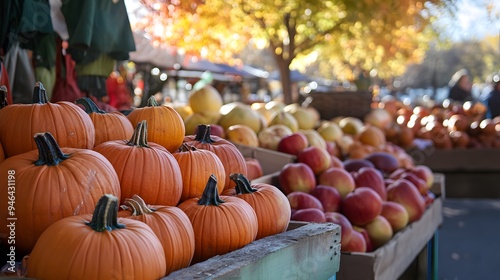 10 Diverse produce bustling outdoor market selling seasonal produce apples squash pumpkins vendors warm fall clothing photo