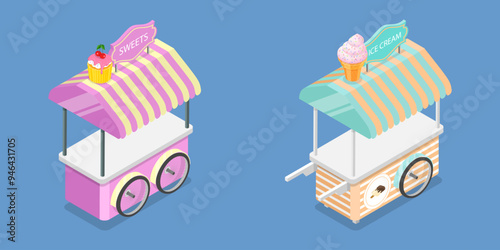 3D Isometric Flat Vector Illustration of Sweets and Ice Cream Wagons, Sweet Treats on Wheels