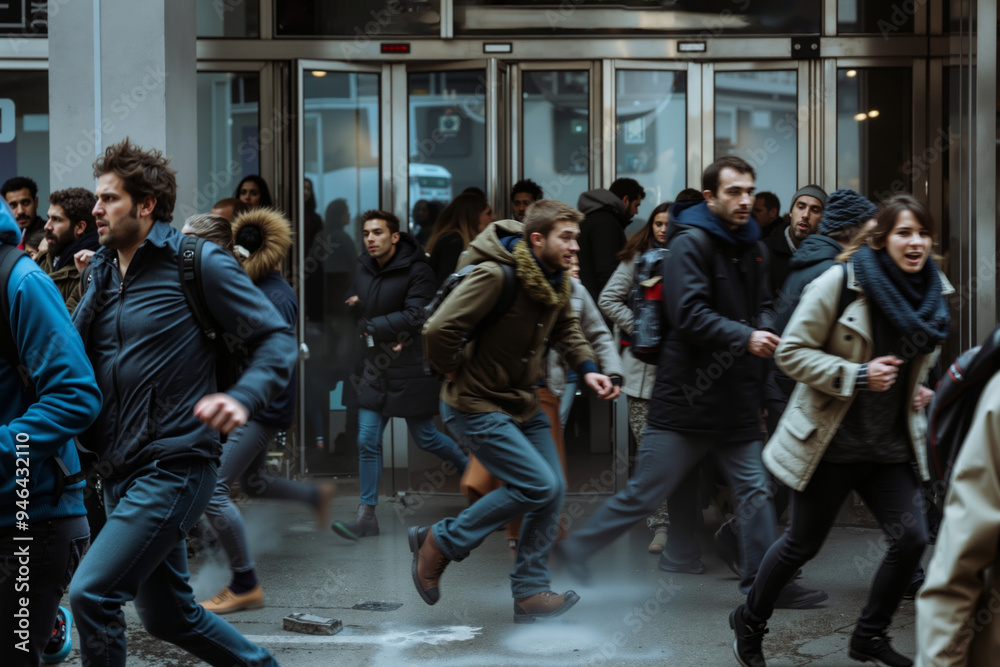 Obraz premium A group of people running down a city street