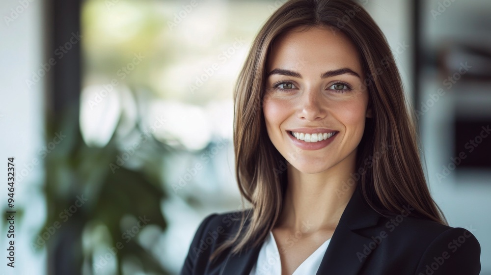 A high-resolution image of a businesswoman smiling confidently at the camera, with clear skin and a polished business attire, in a well-lit office environment. A high-resolution image of a businesswoman smiling confidently at the camera, with clear skin and a polished business attire, in a well-lit office environment.