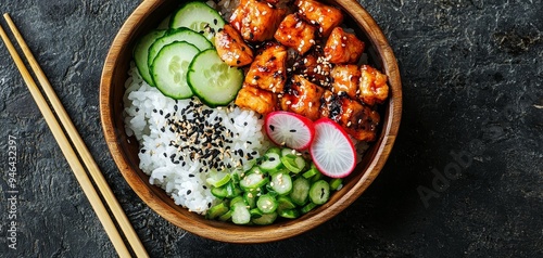Teriyaki Chicken Poke Bowl Overhead View of a Vibrant and Delicious AsianInspired Dish in a Rustic Wooden Bowl with Chopsticks