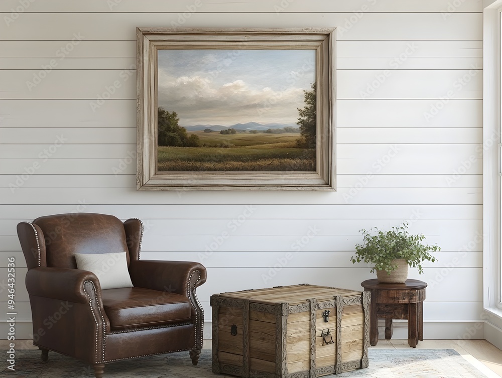 Fototapeta premium Rustic farmhouse living room with white shiplap walls leather armchair wooden trunk coffee table and ornate wooden frame mockup with landscape painting bathed in natural daylight from large windows