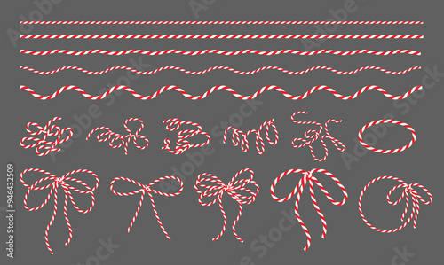 Set of cotton baker twine, ribbon red white, packing thread, bows, frames for decoration, tying boxes, gift wrap for New year, Christmas, isolated elements for banners, cards. Vector EPS10	