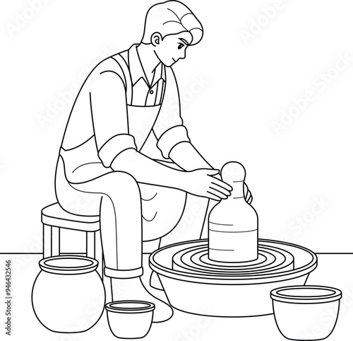 Artist shaping a clay sculpture on a pottery wheel coloring page. Labor Day Hand Drawn Clip art