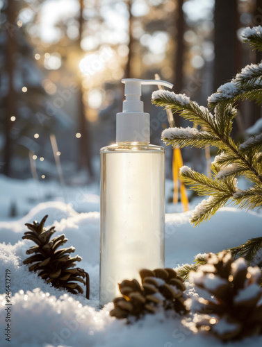 A bottle of liquid sitting on top of a snow covered ground photo