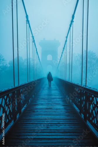 Solitary Figure on a Bridge Vanishing into the Mist. A Bridge to Nowhere a bridge disappearing into the mist. A barely noticeable silhouette of a person stands on the bridge. generative AI