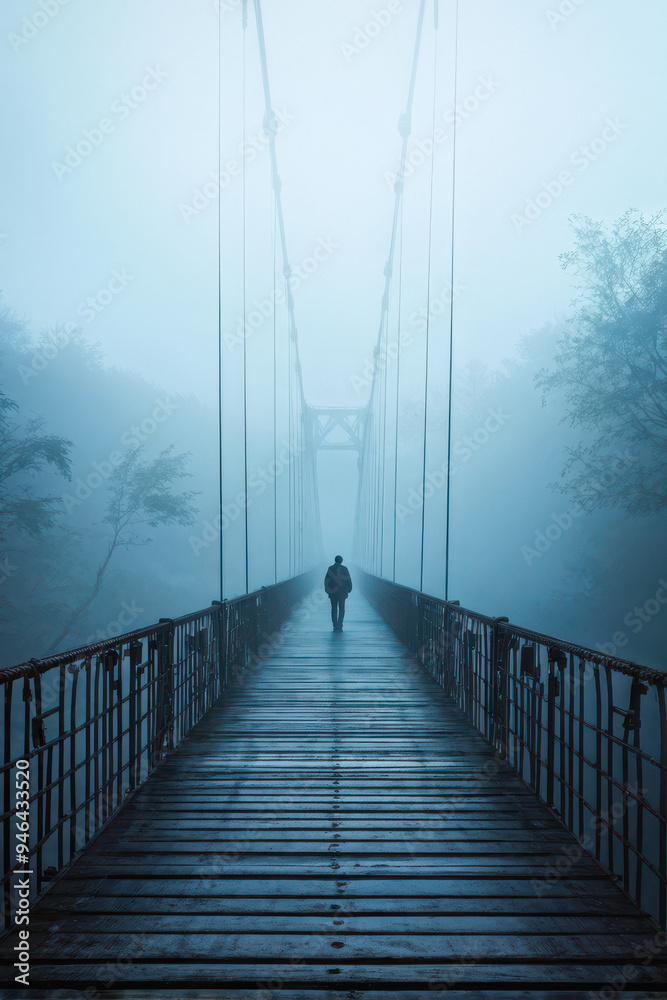 Obraz premium Solitary Figure on a Bridge Vanishing into the Mist. A Bridge to Nowhere a bridge disappearing into the mist. A barely noticeable silhouette of a person stands on the bridge. generative AI