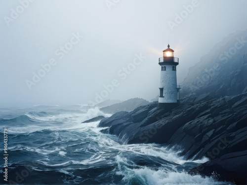 Beacon of Hope: A Lonely Lighthouse Piercing the Mist. A Lonely Lighthouse on a rocky shore, shrouded in thick fog, with a faint light barely breaking through the mist. generative AI