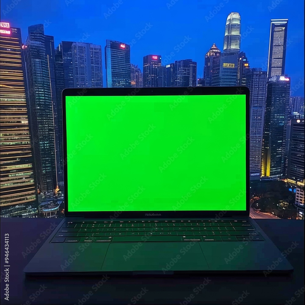 Sleek Green Screen Laptop Mockup on Modern Office Desk with Skyscraper Backdrop: Versatile Template for Digital Marketing, Business Presentations, and Creative Content Display in Professional Urban Se Sleek Green Screen Laptop Mockup on Modern Office Desk with Skyscraper Backdrop: Versatile Template for Digital Marketing, Business Presentations, and Creative Content Display in Professional Urban Se
