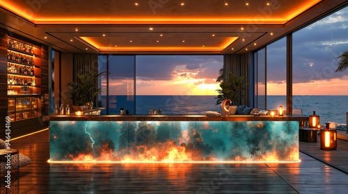 A bar with a view of the ocean at sunset