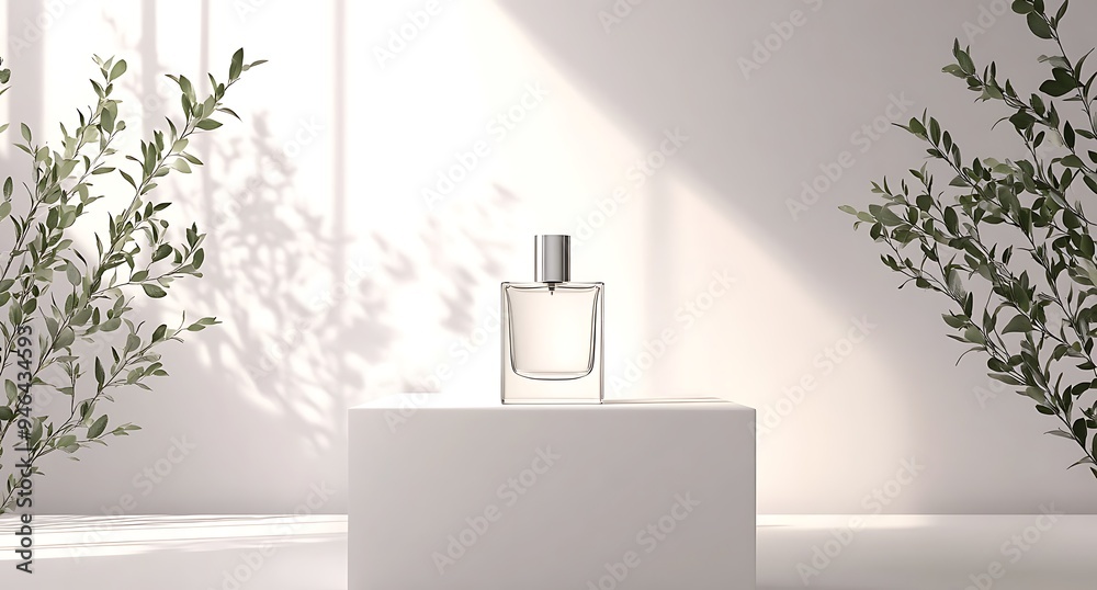 Perfume Bottle on White Platform with Greenery Perfume Bottle on White Platform with Greenery