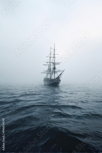 Lost in the Fog: A Solitary Ship at Sea. A Lonely Ship at sea, surrounded by fog, with barely visible sails fading into the endless gray . generative AI