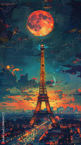 an oil painting by the artist at the eiffel tower, in the style of crisp neo-pop illustrations