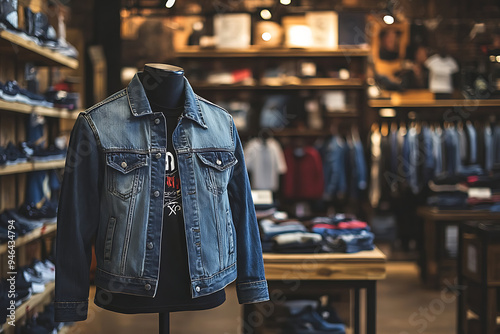 Warm Winter denim Jacket In Store Of Shopping Center. shelf display in shop mall store.