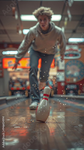 A man is bowling in a bowling alley photo