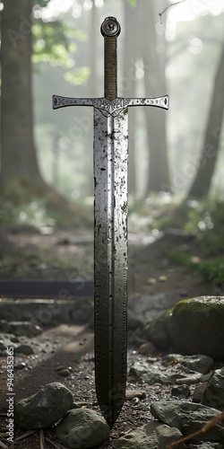 A sword in the middle of a forest with rocks and trees