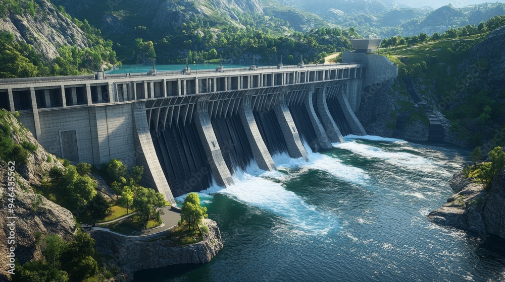 A large dam with a hydroelectric power plant integrated into the structure, capturing the combination of water management and energy production. A large dam with a hydroelectric power plant integrated into the structure, capturing the combination of water management and energy production.
