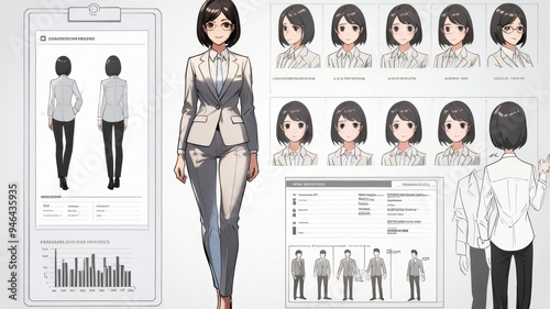 An office dress style in anime for business girl in a large corporation, suit, pants-suit