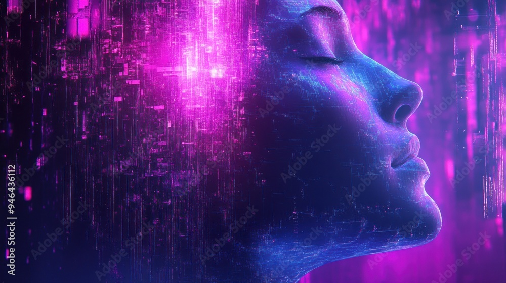Digital Portrait of a Woman's Face with Neon Lights