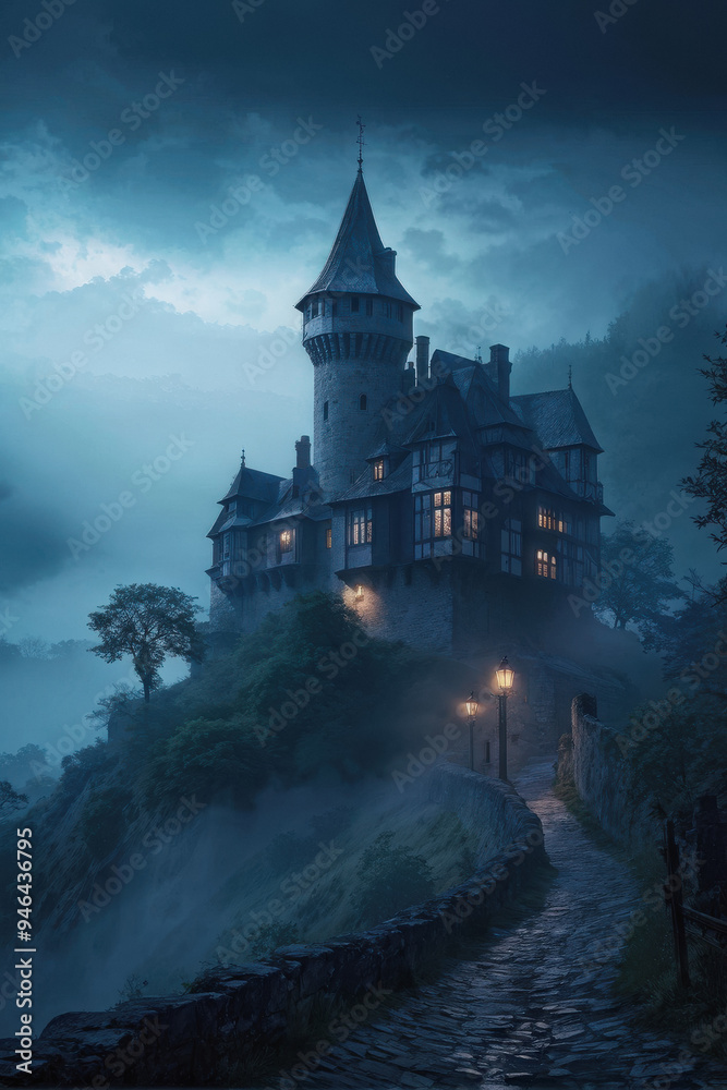 Eerie Enchantment: A Fog-Shrouded Castle with Ghostly Lights. An Old Castle on a hill, shrouded in thick fog, with ghostly lights in a few windows. generative AI