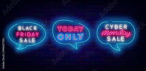 Black friday sale neon labels collection. Today only. Cyber monday. Speech bubble borders. Vector stock illustration
