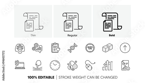 Analysis graph, Swipe up and Medicine price line icons. Pack of Chemistry dna, Cogwheel, Patient history icon. Dice, Tips, Report pictogram. Time, Documents, Computer fingerprint. Lungs. Vector