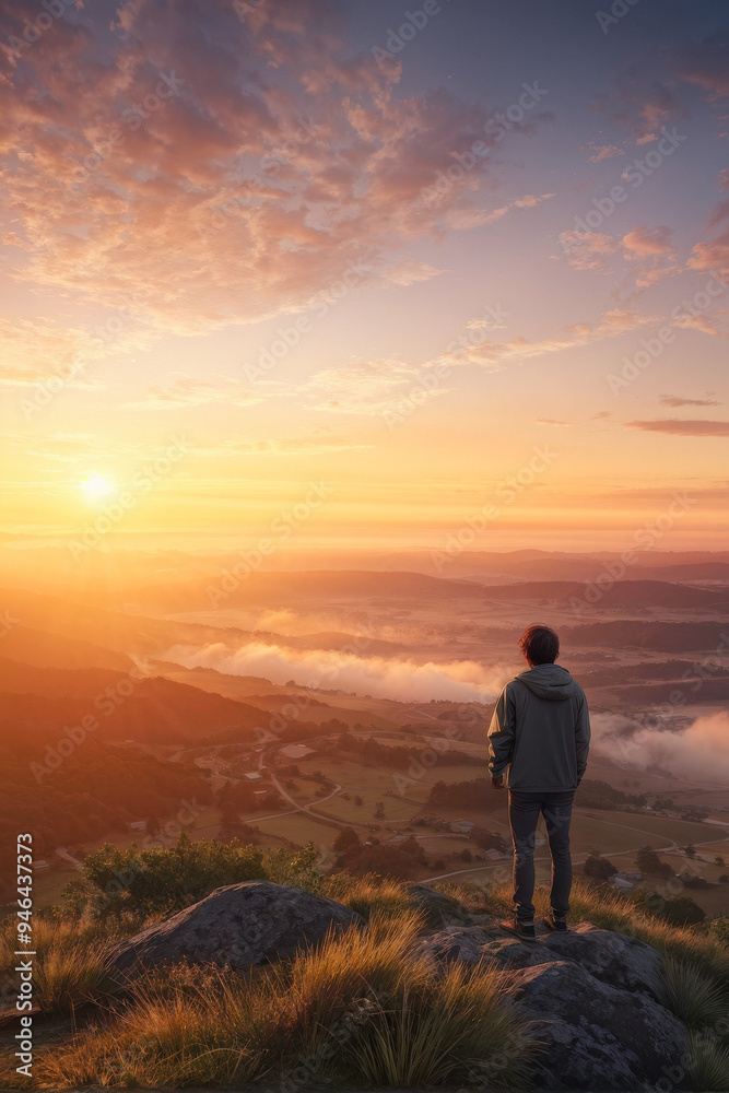 Fototapeta premium Disappearing into the Mist: A Haunting Silhouette. A person on a hilltop, watching a sunset disappearing into the mist. generative AI