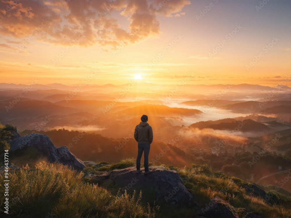 Peaceful Solitude: A Moment of Reflection at Sunset. A person on a hilltop, watching a sunset disappearing into the mist. generative AI Peaceful Solitude: A Moment of Reflection at Sunset. A person on a hilltop, watching a sunset disappearing into the mist. generative AI