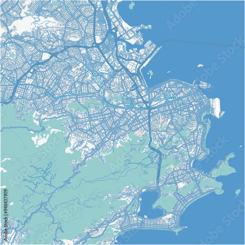 Map of Rio de Janeiro in Brazil in blue. Contains layered vector with roads water, parks, etc.