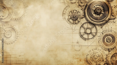 A worn, aged parchment with an intricate drawing of gears and machinery.