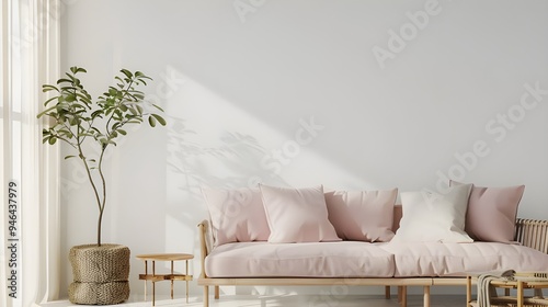 A 3D render of a farmhouse interior living room featuring a pastel pink sofa, wooden furniture, green plants, and an empty wall mockup in a white space photo