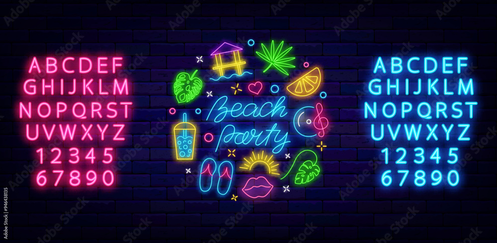 © Anastasia Gapeeva - Beach party neon invitation. Summer dance event. Circle layout with season icons. Vector stock illustration