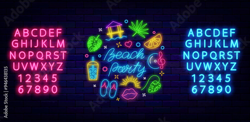Beach party neon invitation. Summer dance event. Circle layout with season icons. Vector stock illustration