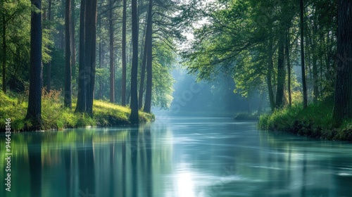 A serene forest river flowing gently through the trees, with the forest reflected in the calm water