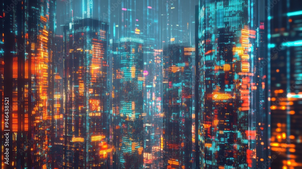 Futuristic Cityscape with Glowing Digital Windows Futuristic Cityscape with Glowing Digital Windows