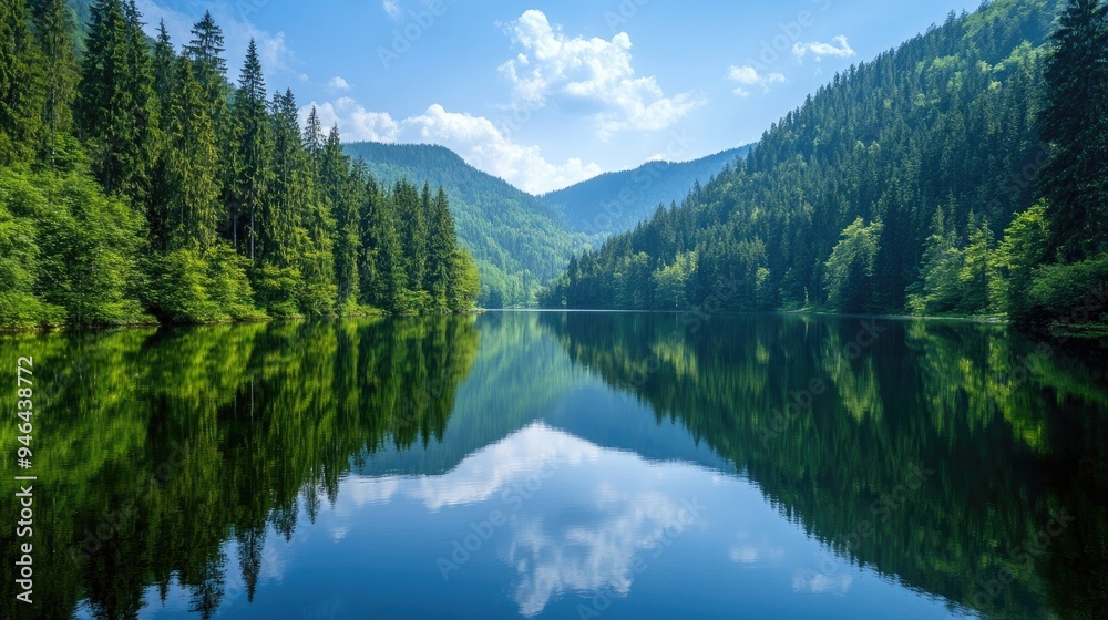 A serene lake surrounded by dense forest, the water reflecting the trees and sky perfectly A serene lake surrounded by dense forest, the water reflecting the trees and sky perfectly