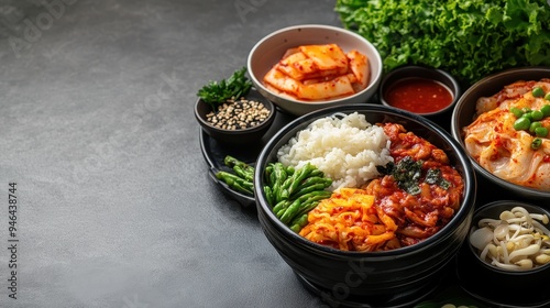 A vibrant arrangement of delicious Korean dishes including rice, vegetables, and kimchi, perfect for food lovers and culinary delights.