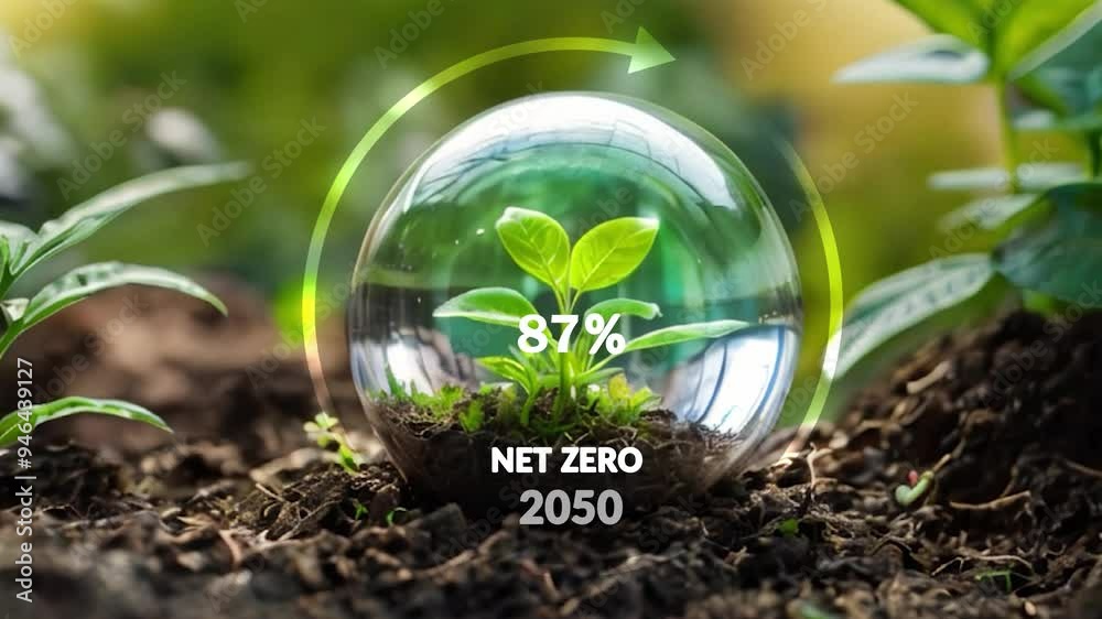 Net zero and carbon neutral concept.Globe Glass with Net zero icons In Green Forest With Sunlight. net zero greenhouse gas emissions target Climate neutral long term strategy on a green background.
