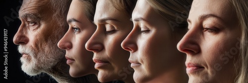 Five individuals display the passage of time through distinct facial features, showcasing the beauty and uniqueness of each age group. Generative AI