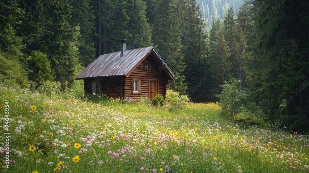 A small wooden cabin nestled in a secluded forest, surrounded by tall trees and wildflowers A small wooden cabin nestled in a secluded forest, surrounded by tall trees and wildflowers