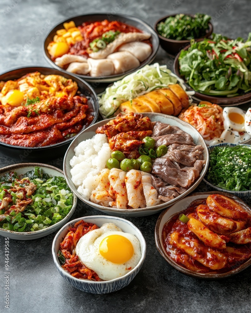 A vibrant display of assorted Korean dishes showcasing colorful flavors and textures, perfect for food enthusiasts and culinary lovers. A vibrant display of assorted Korean dishes showcasing colorful flavors and textures, perfect for food enthusiasts and culinary lovers.